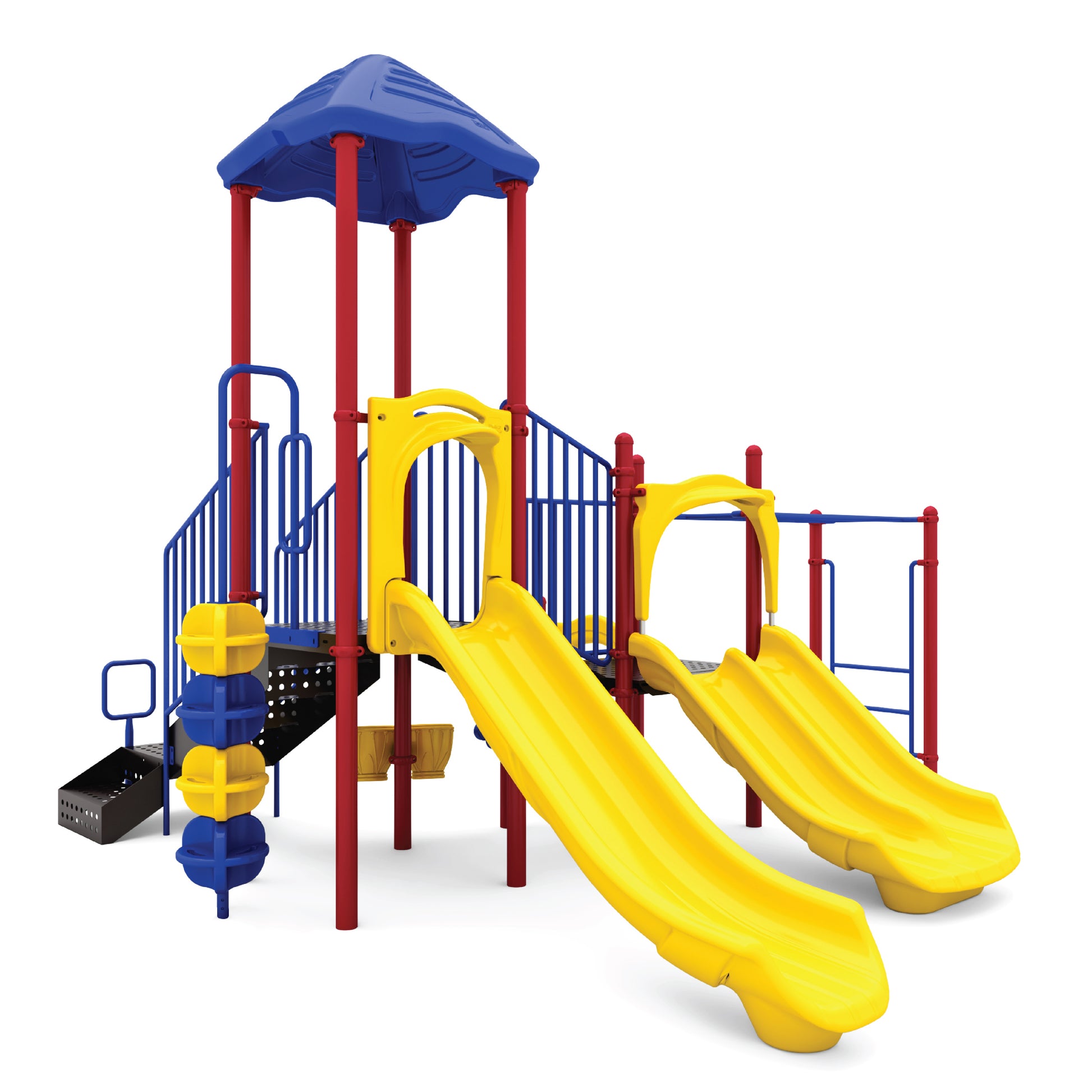 Reverse view of Tunnel Rush Primary showing tunnel exit, climbing wall, and elevated deck connections for school-age children