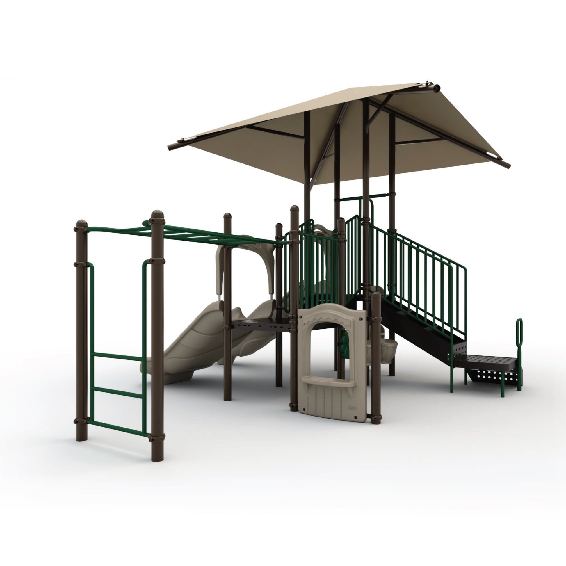 Tunnel Rush with Shade Natural playground structure with integrated tan shade canopy over enclosed tunnel slide, wave slide, climbers, and elevated decks for ages 5 to 12