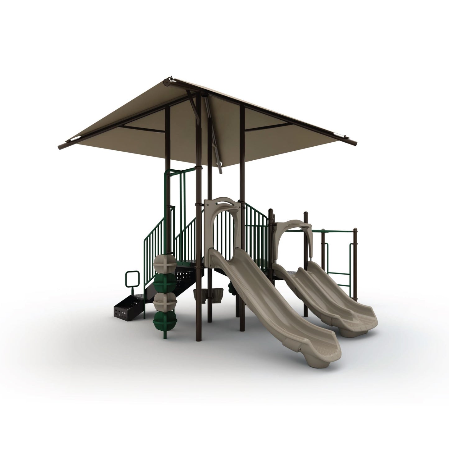 Reverse view of Tunnel Rush with Shade Natural showing tan canopy covering tunnel exit, climbing wall, and deck connections for school-age children