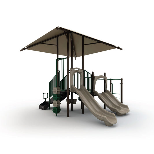 Reverse view of Tunnel Rush with Shade Natural showing tan canopy covering tunnel exit, climbing wall, and deck connections for school-age children