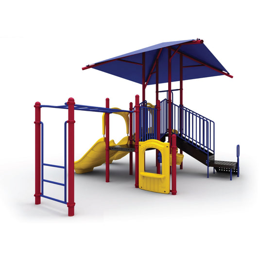Tunnel Rush with Shade Primary playground structure with integrated blue shade canopy over enclosed blue tunnel slide, yellow wave slide, climbers, and elevated decks for ages 5 to 12