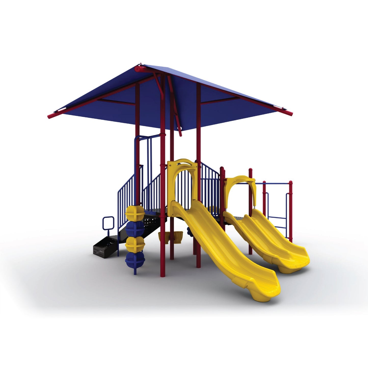 Reverse view of Tunnel Rush with Shade Primary showing blue canopy covering tunnel exit, climbing wall, and deck connections for school-age children