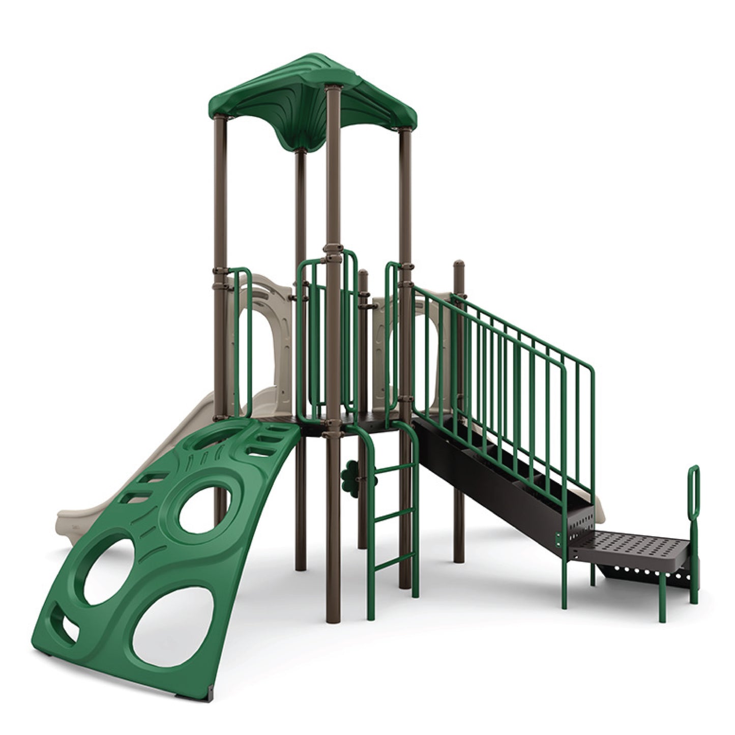 Breezy Peak Natural toddler playground structure with tan slide, green arched climber, vertical ladder, and shaded elevated deck for ages 2 to 5