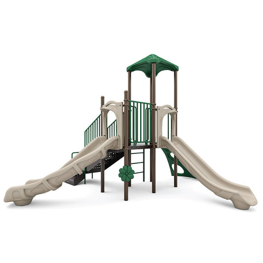 Reverse view of Breezy Peak Natural showing transfer station, safety barriers, and elevated deck scaled for early childhood
